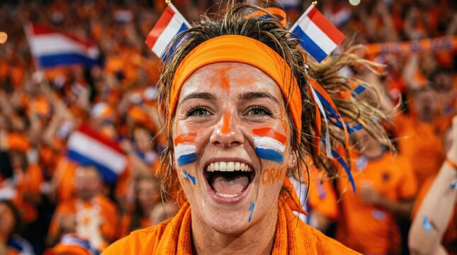 Excited dutch soccer fan woman with orange headband and face paint cheering in a stadium crowd during a match