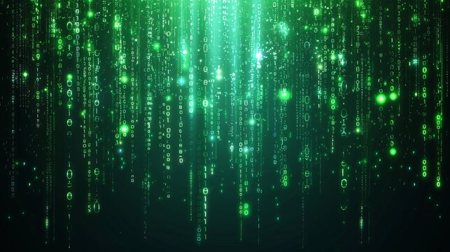 Vertical streams of green blue binary code falling on dark background, creating a data rain effect