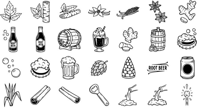 Root Beer Ingredients and Beverage Production Black  White Line Art Icons Set. Hand-Drawn Collection for Food and Drink Industry Design