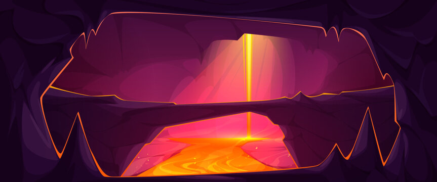 Fiery hell cave landscape with flowing lava river and volcanic rocks, cartoon vector background. Game underground scene with bridge under molten magma, dark stone walls, adventure level