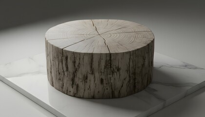 Natural wooden stump with sawn off top on a white marble slab in a minimalist studio setting, ideal for organic product presentation and exhibition podium concept