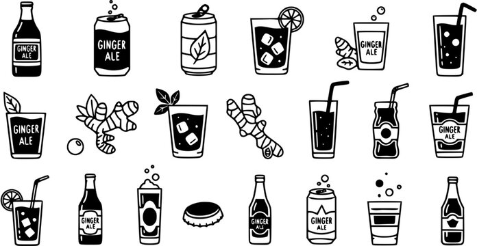 Food and Drink Black and White Line Art Doodle Icons Set featuring Ginger Ale beverages, bottles, cans, glasses, and ginger root illustrations.