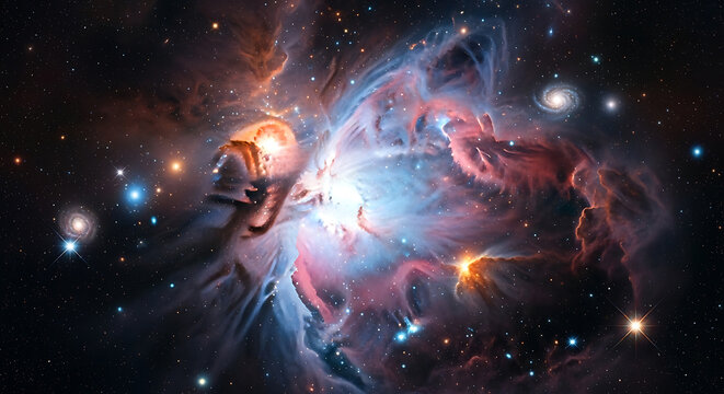A complex nebula with blue and red gas clouds and multiple star clusters in deep space with small spiral galaxies visible in the dark background
