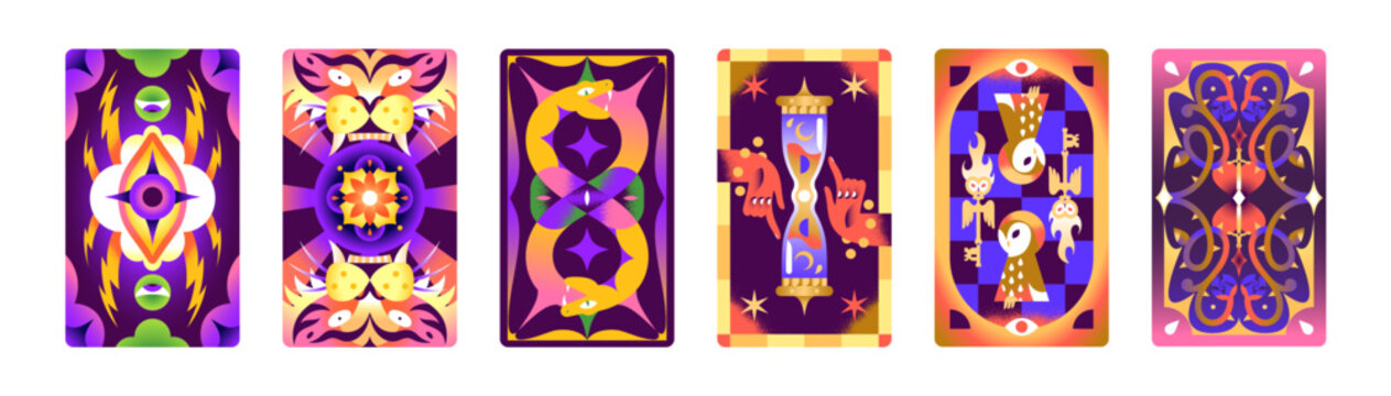 Set of tarot back with trippy patterns. Design of cards with esoteric signs and mystical symbols. Templates with abstract geometric shapes and different magic characters. Flat vector illustrations