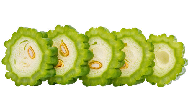 Sliced bitter melon with visible seeds and white flesh