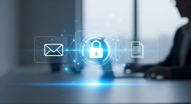 Digital security interface with a glowing padlock, email and document symbol floating in a dark office with a person working on a computer