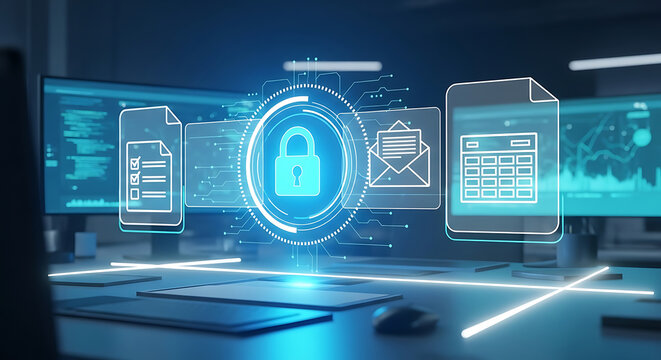 Digital security dashboard with a glowing padlock, email, checklist, and spreadsheet floating over a desk with computer monitors in an office