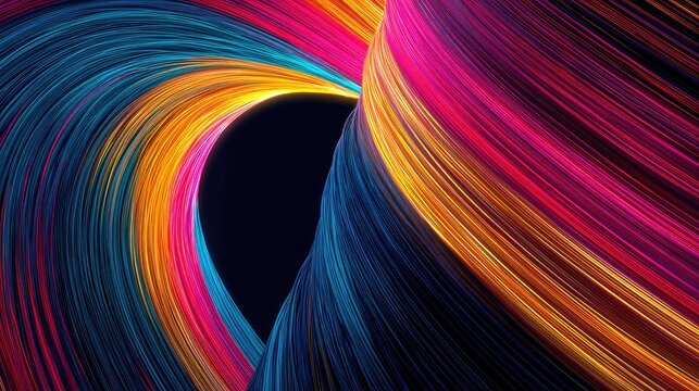 Vivid, flowing, abstract ribbons of light weave in a dark space