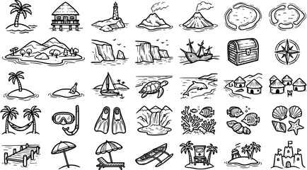 Hand-drawn Black and White Line Art Travel and Vacation Icons Set. Tropical Island Summer Holiday Beach Elements Doodle Collection. © pixsource
