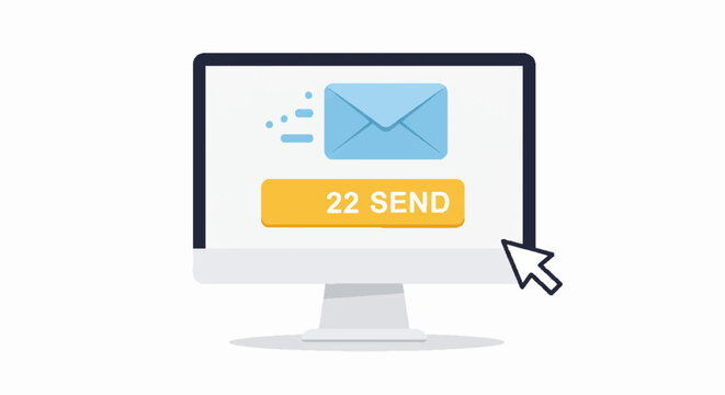 Suitable for web design projects, email marketing ads, technology blog posts. Eyecatching computer monitor with blue email icon and yellow send button.