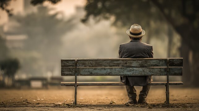 Lonely man in suit and straw hat sitting on vintage park bench from back, warm autumn moody scenery for sentimental quote wallpaper and humanistic photo