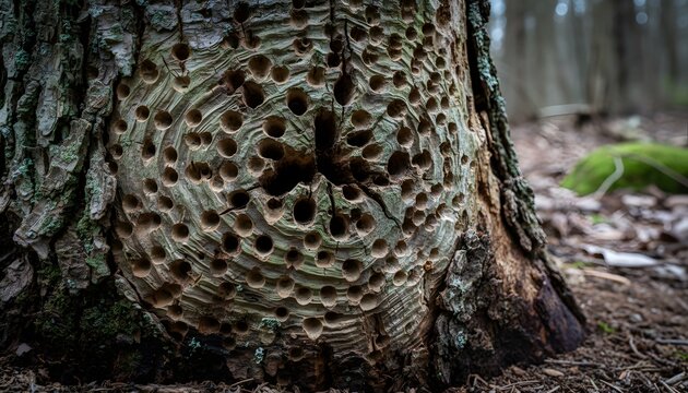 Close up of an old mossy tree stump with woodpecker holes in a wild forest showing biological decay and trypophobia patterns for an ecological conservation concept
