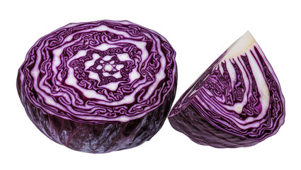 Fototapeta premium Red cabbage cut in half and wedge showing layered purple and white interior