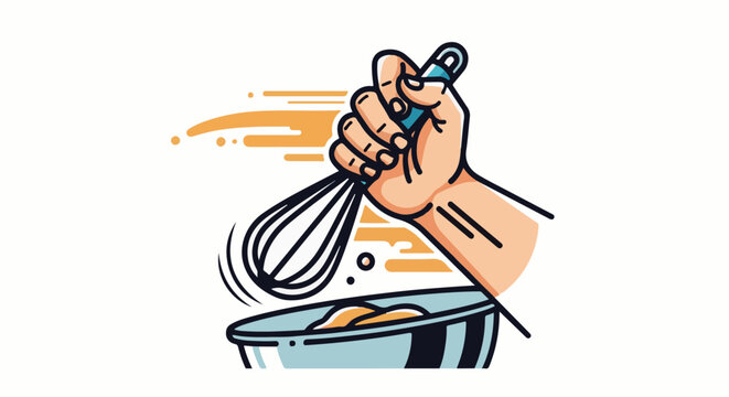 A hand vigorously whisks ingredients in a bowl, with energetic streaks behind