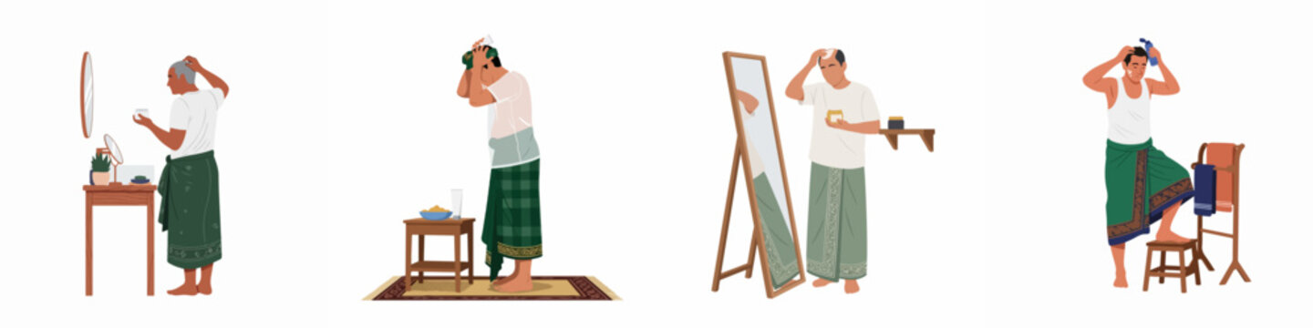 Flat Illustration Set of Men Performing Grooming and Skincare Routines While Wearing Traditional Sarongs