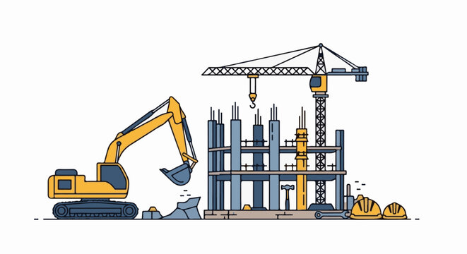 Construction site with excavator, crane, and unfinished building