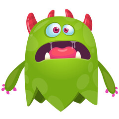 Fototapeta premium Cartoon cute and funny flying monster with scary face expression waving hands . Vector illustration isolated on white