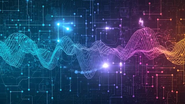 Abstract digital wave pattern over a complex circuit board background