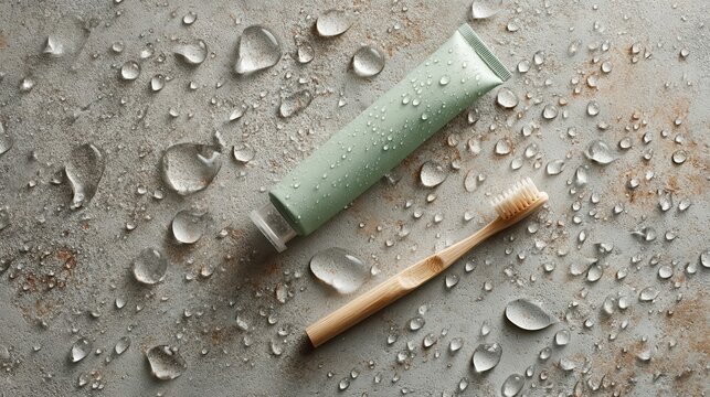 A bamboo toothbrush and natural toothpaste with water droplets create a fresh, eco-friendly vibe. Emphasizing sustainable dental care and wellness with a clean, modern look.