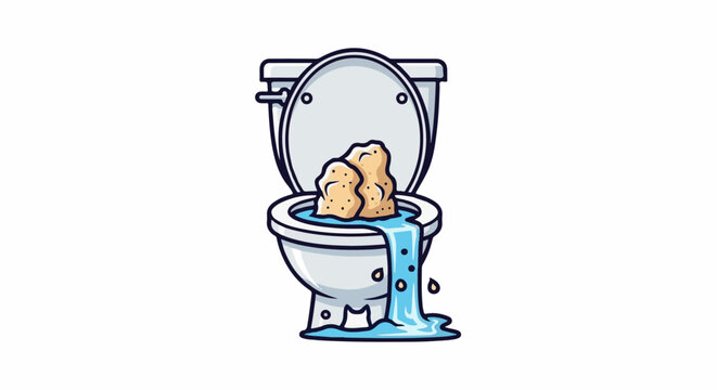 Cartoon toilet overflowing with lumpy material and blue water