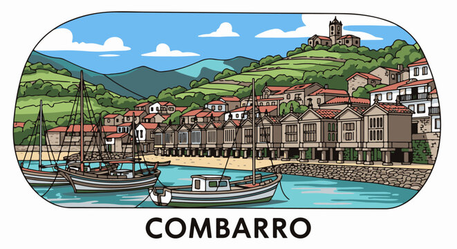 Coastal village with traditional stilted granaries, sailboats in harbor, rolling hills backdrop