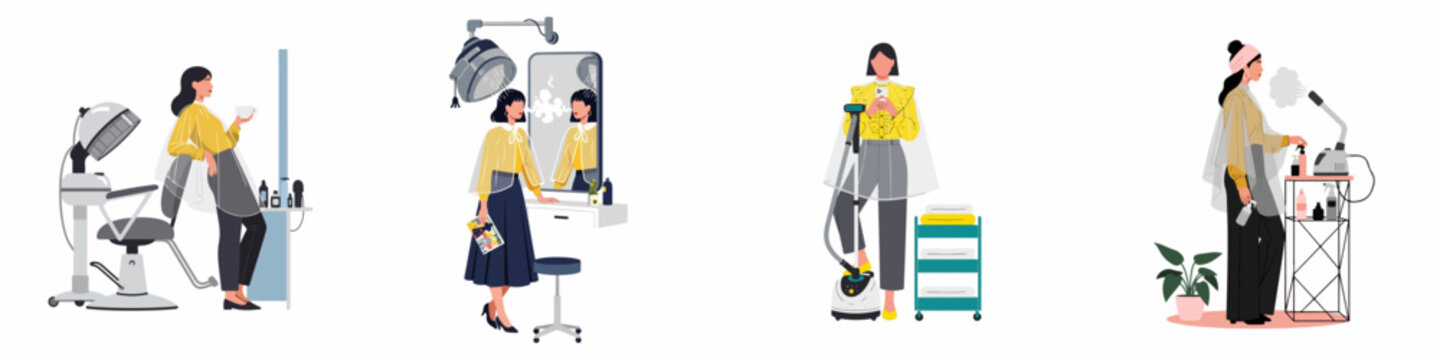 Illustrative set of women receiving various hair and beauty treatments at a professional salon including drying, steaming, and moisturizing services.