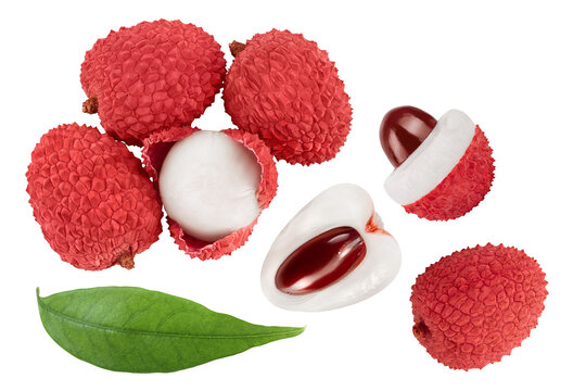 lychee fruit isolated on white background with full depth of field. Top view. Flat lay