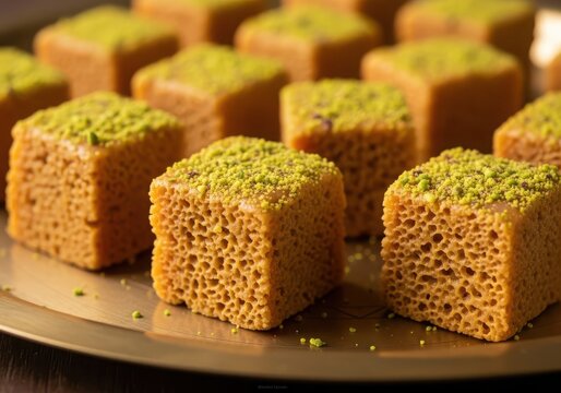 Delicious indian mysore pak sweet cubes topped with crushed pistachios