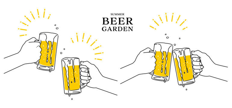 ビールジョッキを持って乾杯している手の線画 イラスト素材セット ベクター 白背景