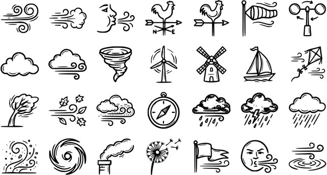 Black  White Hand-Drawn Line Art Weather and Wind Energy Icons Set. Meteorology, Climate  Energy Doodle Symbols.