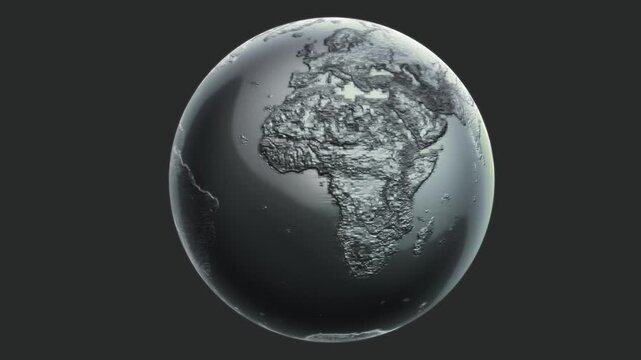 Detailed relief texture on a metallic chrome globe spinning in a dark space background for cinematic documentary title sequences