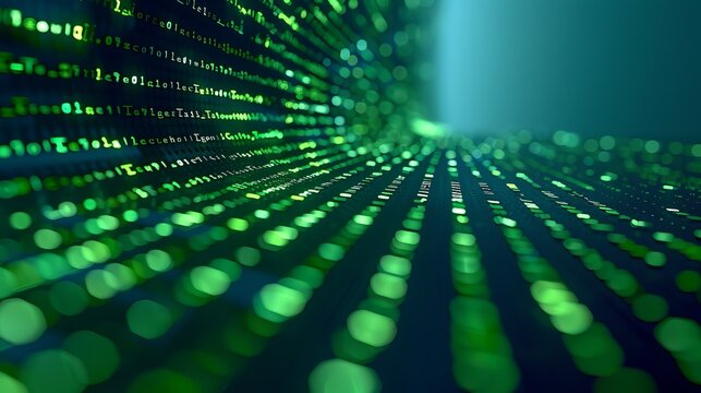 Immersive data rain  vertical streams of binary code on a dark blue gradient background