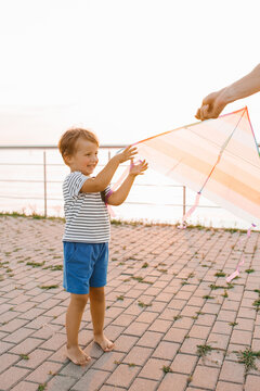Smiling Boy Holding Bright Kite At Sunset