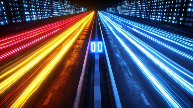 Dynamic visual of converging colored streams and binary code on a dark blue gradient background