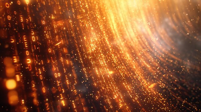 Falling golden orange binary code on dark gray background with bokeh sparks and glowing effects