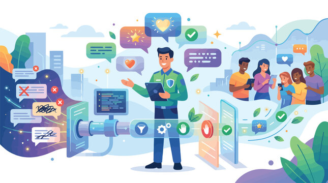 Content moderation concept vector, digital safety officer managing social media community, online security and data filtering illustration