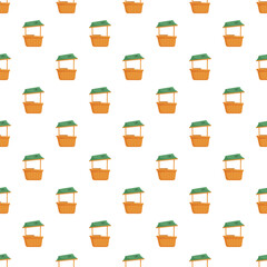 Seamless pattern featuring repeated market stalls with green roofs and wooden bases on a white background © nsit0108