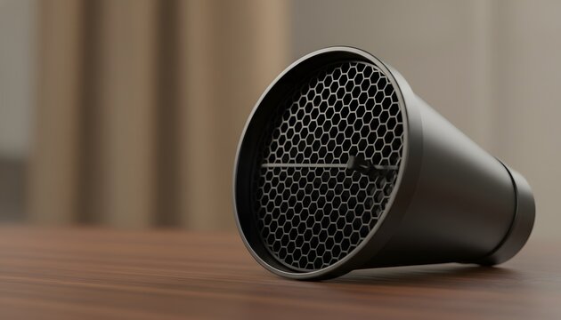 Black photography snoot with honeycomb grid accessory lying on a wooden table, representing studio lighting control and professional photography equipment concept