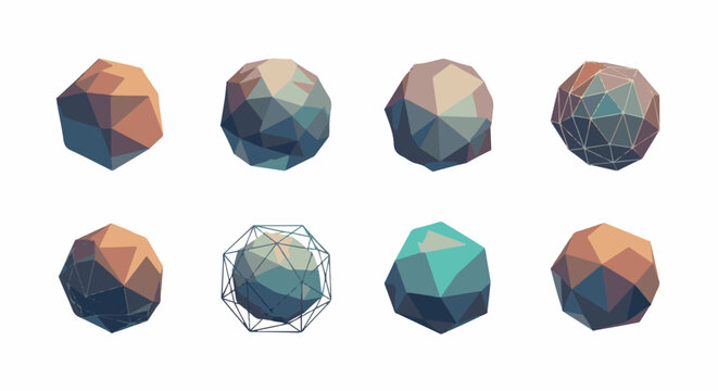 Low poly geometric spheres with wireframe overlays on white background