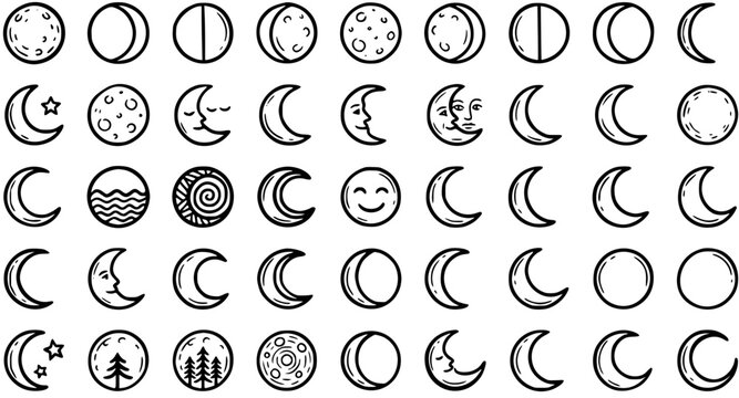 Hand-Drawn Black  White Line Art Moon Phases Icon Set. Outline Celestial Doodle Collection for Astronomy, Astrology, Spirituality  Night Sky Designs.