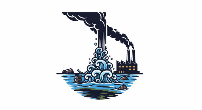 Industrial pollution pollutes water and air with smoke and barrels