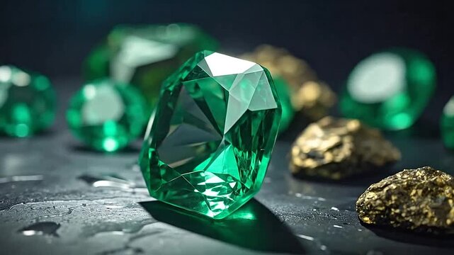A brilliant green gemstone rests on a dark surface with golden nuggets nearby