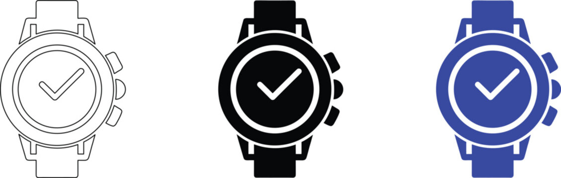Watch vector illustration set isolated on transparent background outline, solid, and color icons.