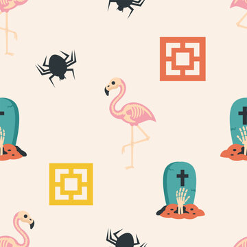 Minimalist Retro Kitsch Flamingo Skeleton Seamless Pattern Vector. Cute Mid-Century Pink Skeleton Flamingo and Tombstone Print for Fabric Design.