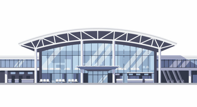 Modern glass-fronted terminal with triangular roof supports and interior seating