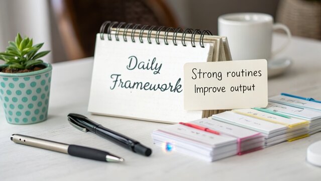 Desk composition with planner and pens for daily planning