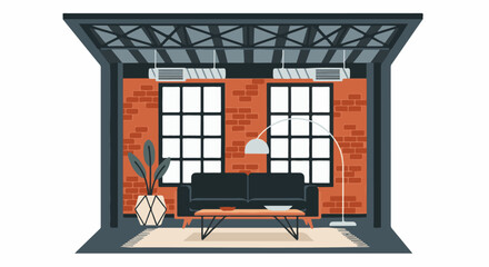 Cozy, modern loft living room with brick walls and large windows © Roni