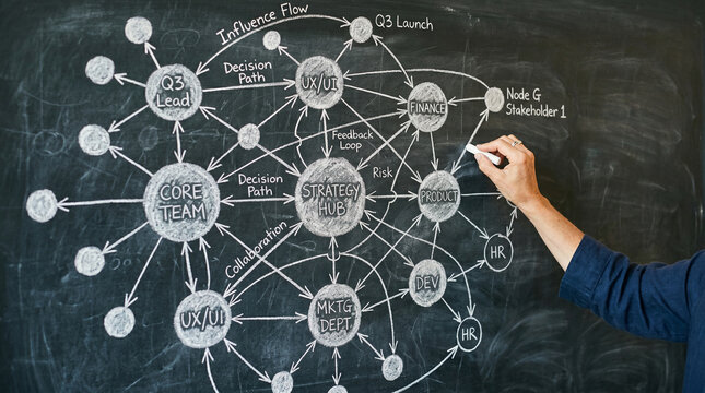 Business strategy flowchart drawn on chalkboard with hand