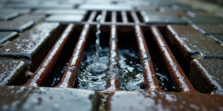 Close-up view of water flowing into a weathered metal grate, embedded in a damp cobblestone surface.