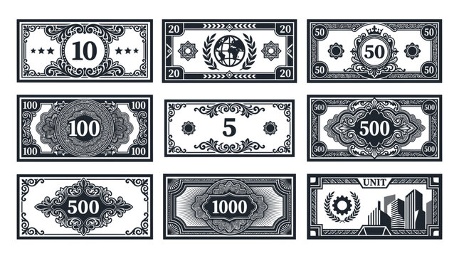 Collection of Fictional Currency Bills with Numbers and Ornaments